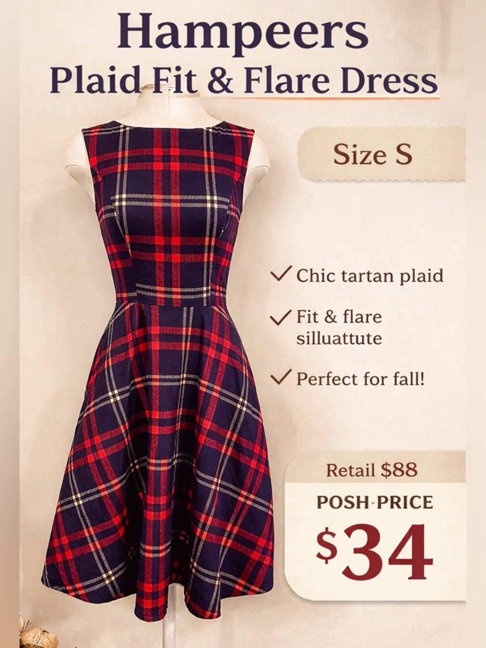 Hampeers Plaid Fit & Flare Dress Navy Red Tartan Size S ❤️